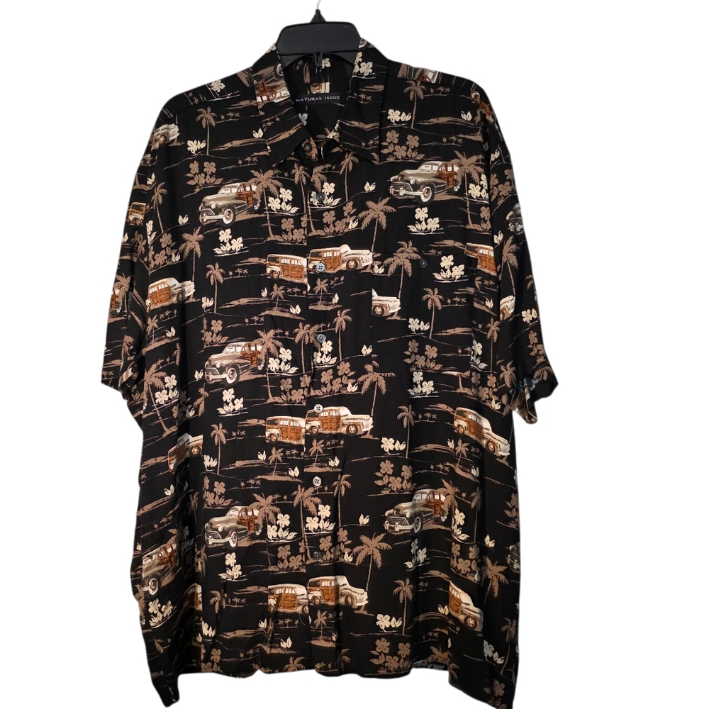 Vintage Car-Inspired Black and Brown Casual Hawaiian Shirt Natural Issue XXL EUC